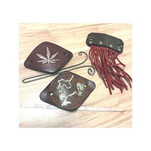 Vintage Leather Hair Slide Barrette Set‎ Fringe Boho 4pc Brown